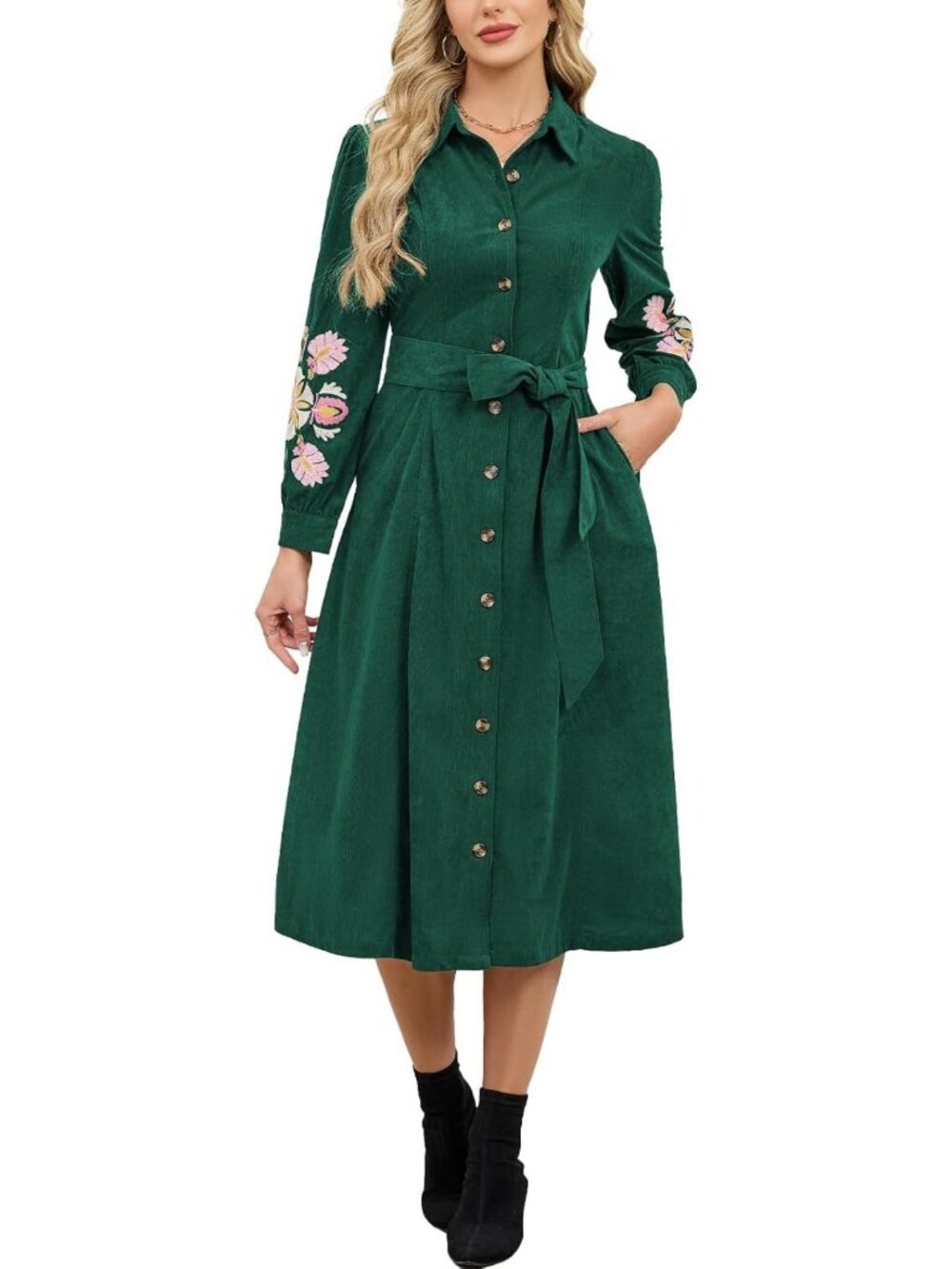 Stylish Women's Corduroy Maxi Dress, Button Down, Embroidered, Belted, Boho Chic